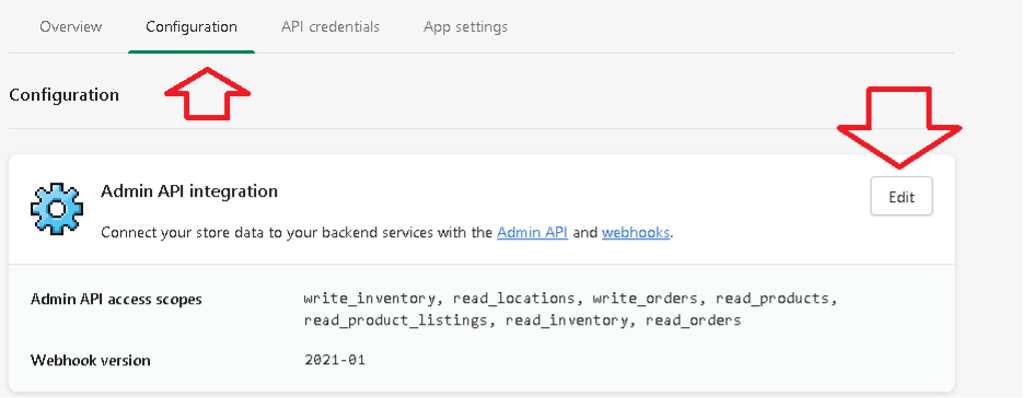 Editing the Admin API integration for the Pulse eCommerce app