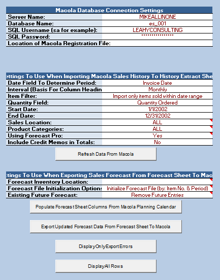 Macola sales history imported into the Excel worksheet